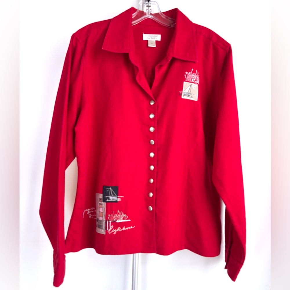 Vintage Nautical Red Linen & Cotton Embroidered Snap Button Down Shirt Jacket XL
